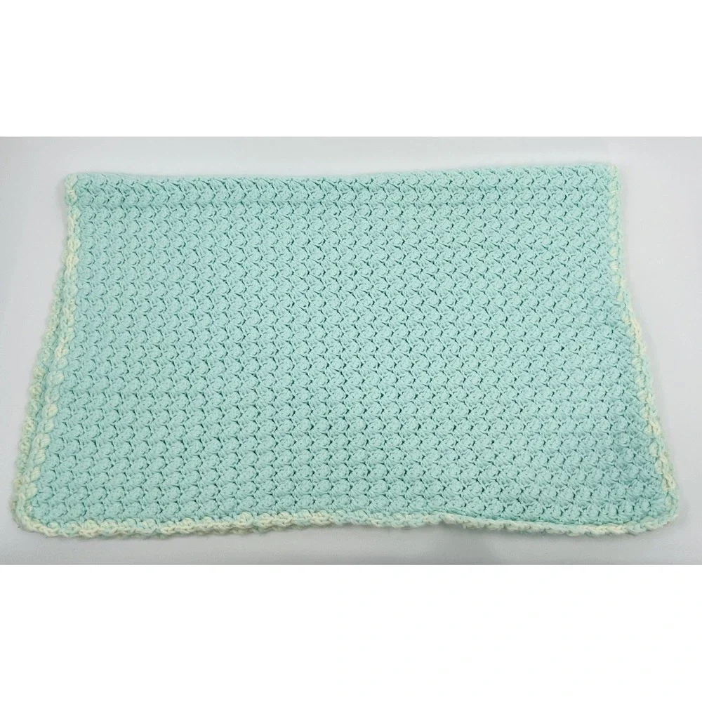 Vintage Hand Knit Crochet Hooded Baby Blanket Sea Green 25